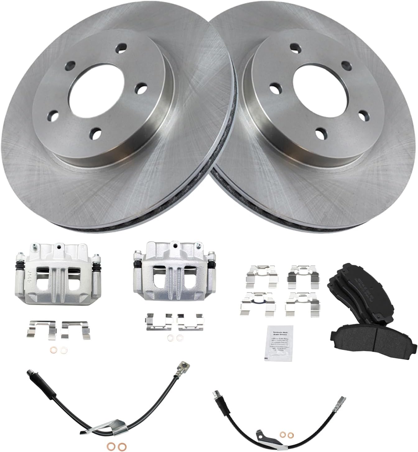 TRQ Front Brake Pad and Rotor Set Semi Metallic Vented Rotors Calipers Hoses Compatible with 2005-2006 Chevrolet Equinox 2006 Pontiac Torrent 2004-2007 Saturn Vue