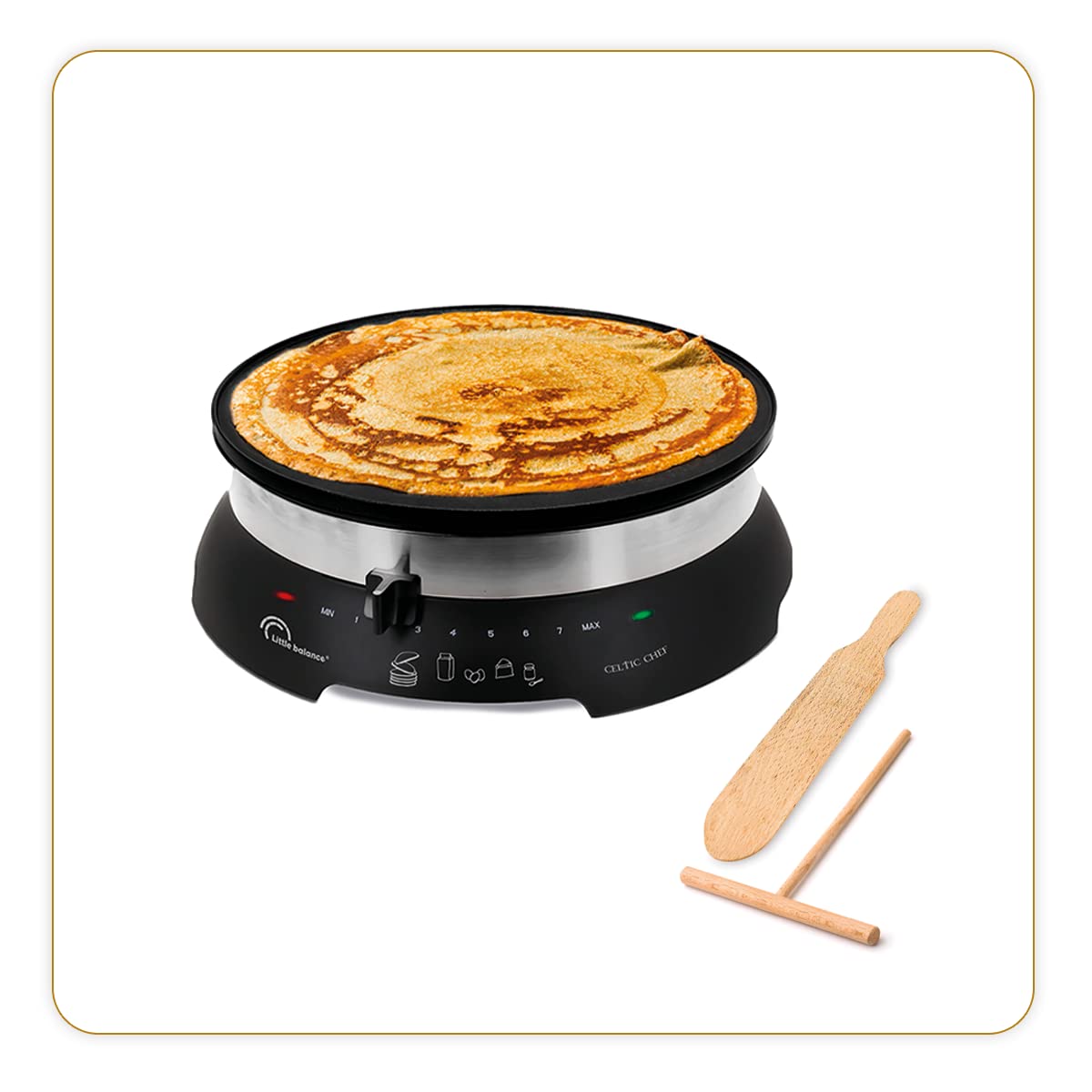 LITTLE BALANCE 8538 Celtic Chef, Crepiera elettrica 3 in 1: Pancake, Tortine, Plancha, Piastra XXL Diametro 33 cm, Termostato regolabile, 1300 W, Nero