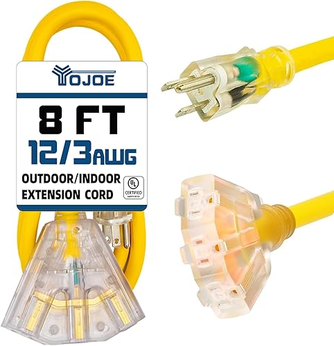 YOJOE Cable de extensión de 3 salidas para interiores y exteriores con extremo iluminado, cable de extensión de alimentación de 3 clavijas 15A