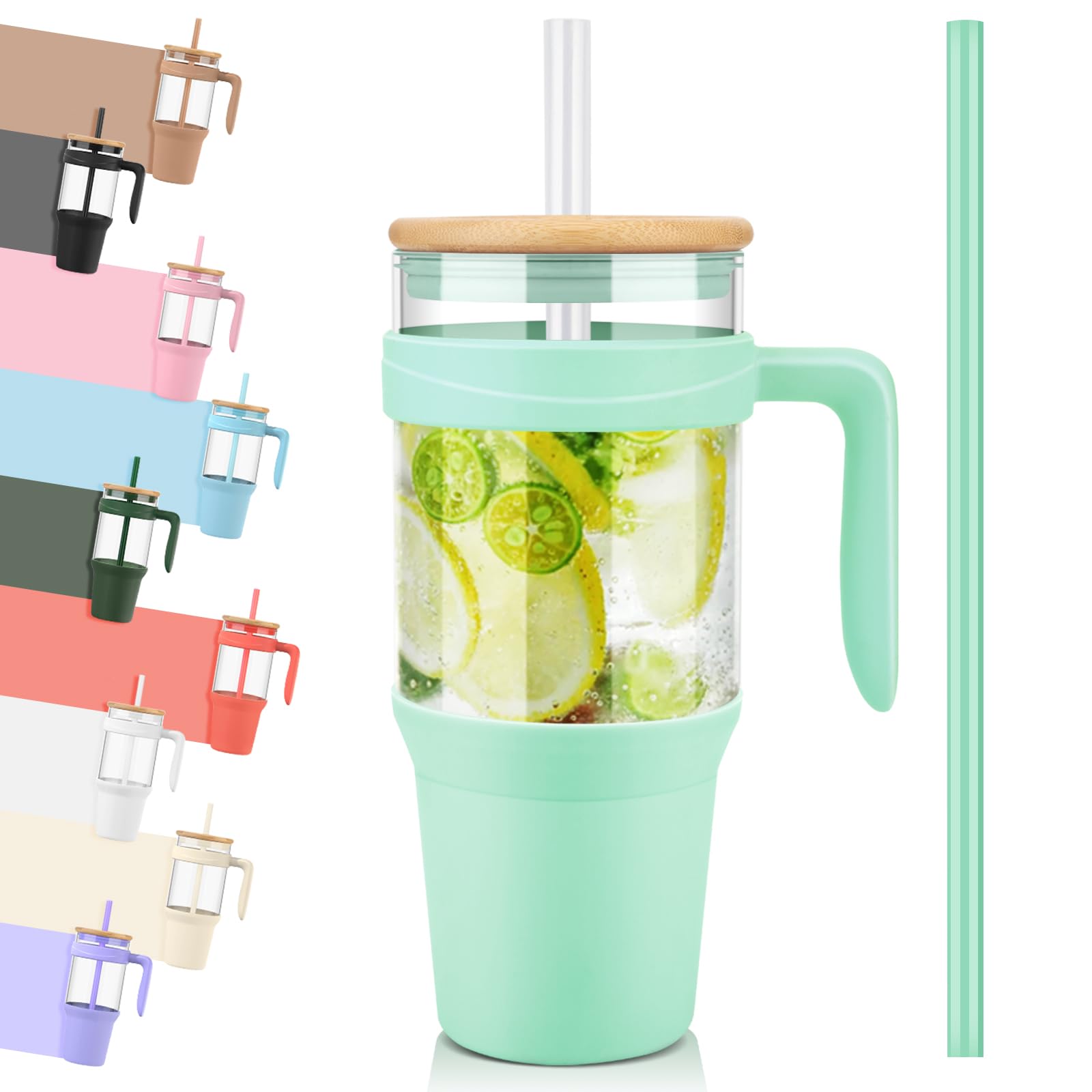 Tronco 40 oz Glass Tumbler with Straw and Lid, Reusable Glass Tumbler with handle, Iced Coffee Cup with Bamboo Lid, Glass Water Bottles Fit in Cup
