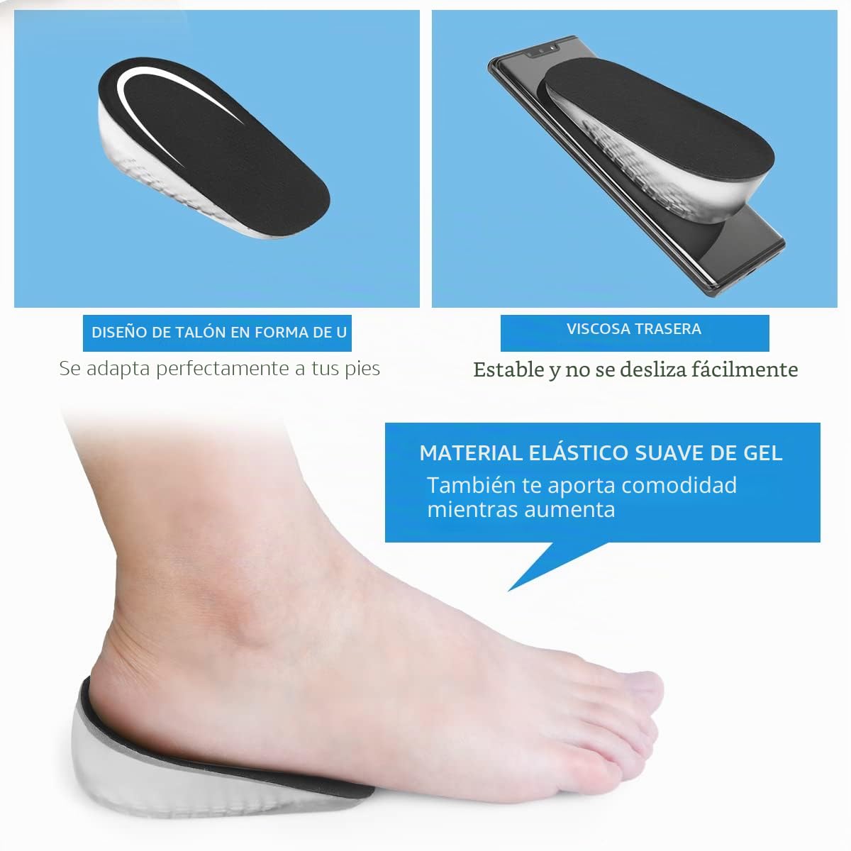 Plantillas Altura Hombre y Mujer, 2 Pares Alzas para Zapatos, Plantilla Gel para Aumentar Altura, Soporte Talón y Amortiguación, 2.5cm