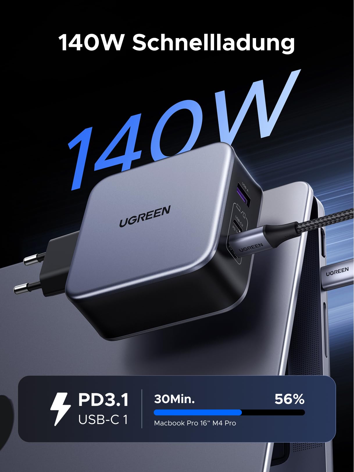 UGREEN Nexode 140W USB C Ladegerät PD 3.1 USB C Netzteil GaN 3-Port Power Adapter kompatibel mit MacBook Pro 16" 2021, Dell XPS, iPhone 14 Pro Max/Pro/14, Galaxy S23 Ultra/S23+/S23/S22 Ultra usw