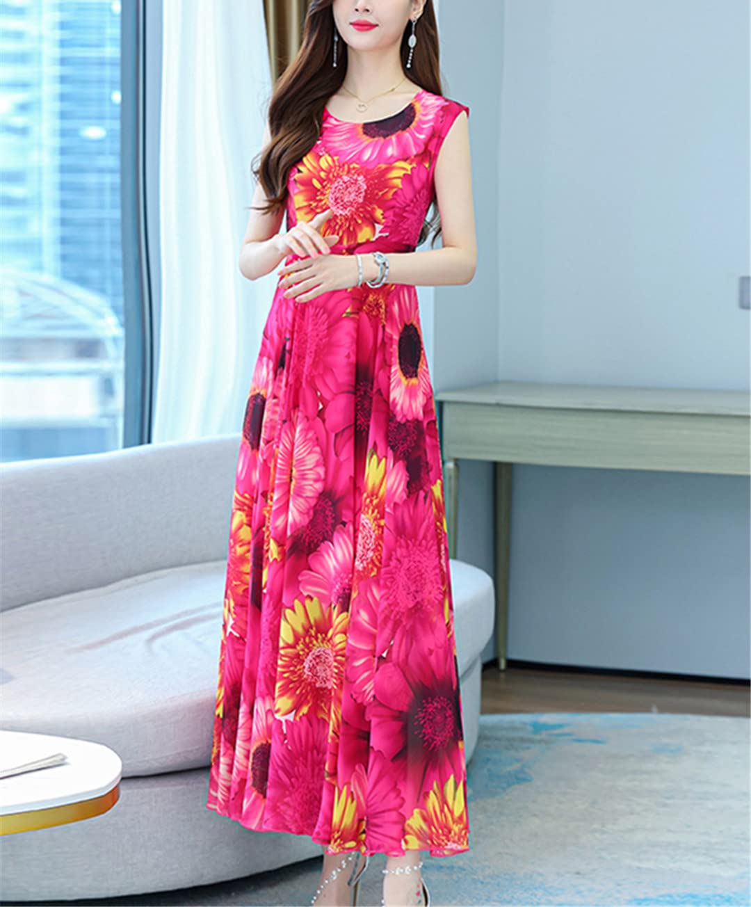 Suwequest Abito estivo da donna, in chiffon, con motivo floreale, elegante, da spiaggia, da sera