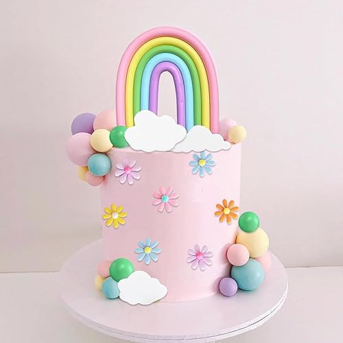 Miniatura 4 de 37 piezas de decoración de pastel de arco iris, estilo bohemio, hippie, bolas pastel, margaritas, flores, decoración para tartas retro hippie,