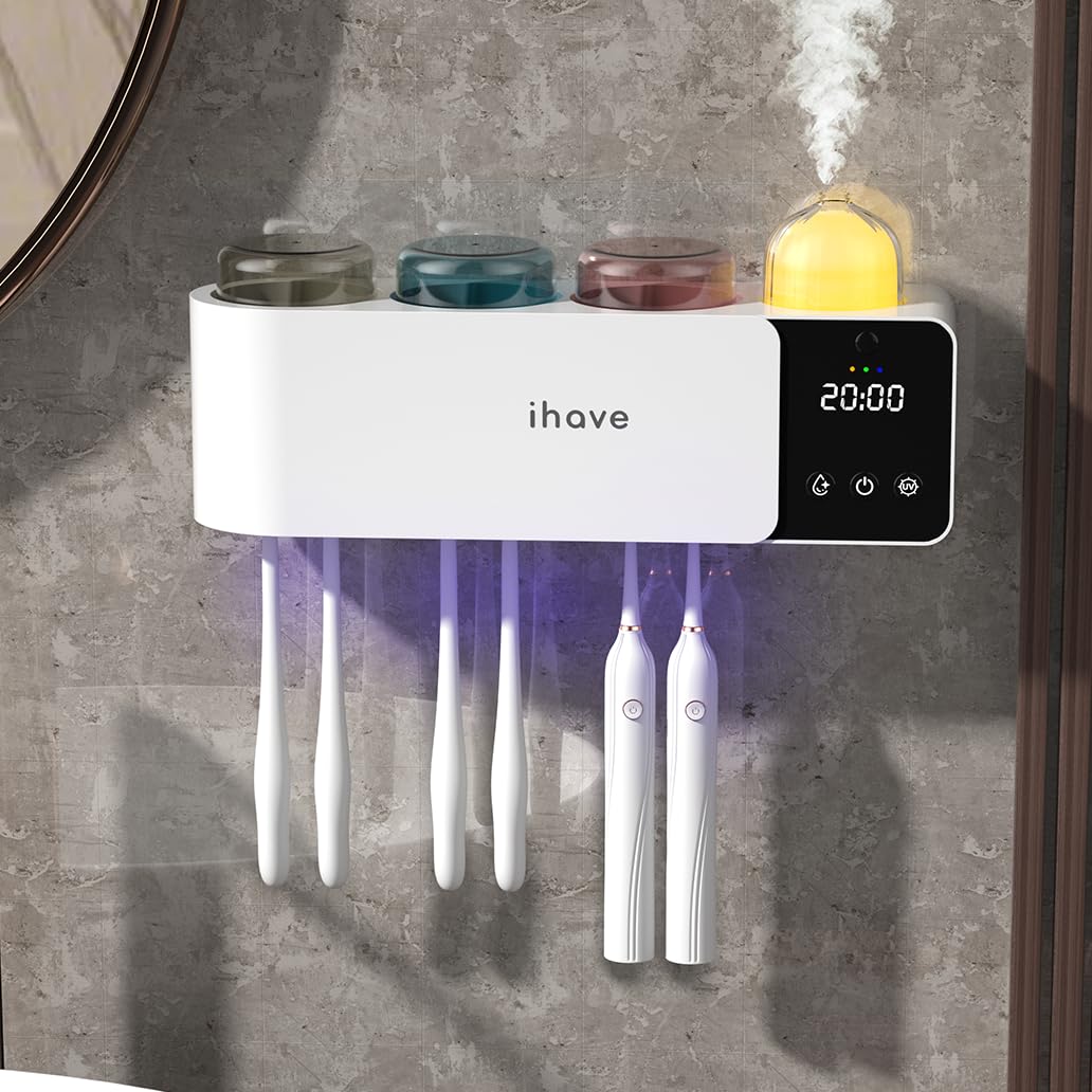 iHave Soporte para cepillos de dientes con desinfectante UV, difusor de aromaterapia y luz nocturna infrarroja, desinfección inteligente de crucero de 4 horas, secado combinado auxiliar, organizador