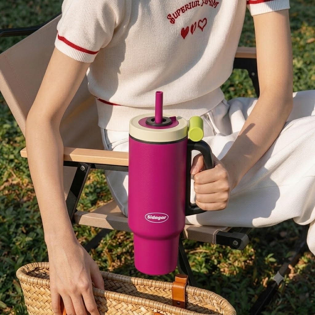 Gourde Isotherme 1,1L avec Paille et Poignée, Mug Isotherme Inox 316L, Bouteille d’Eau Anti Fuite, Thermos Grande Capacité, Compatible Porte-Gobelet, Violet