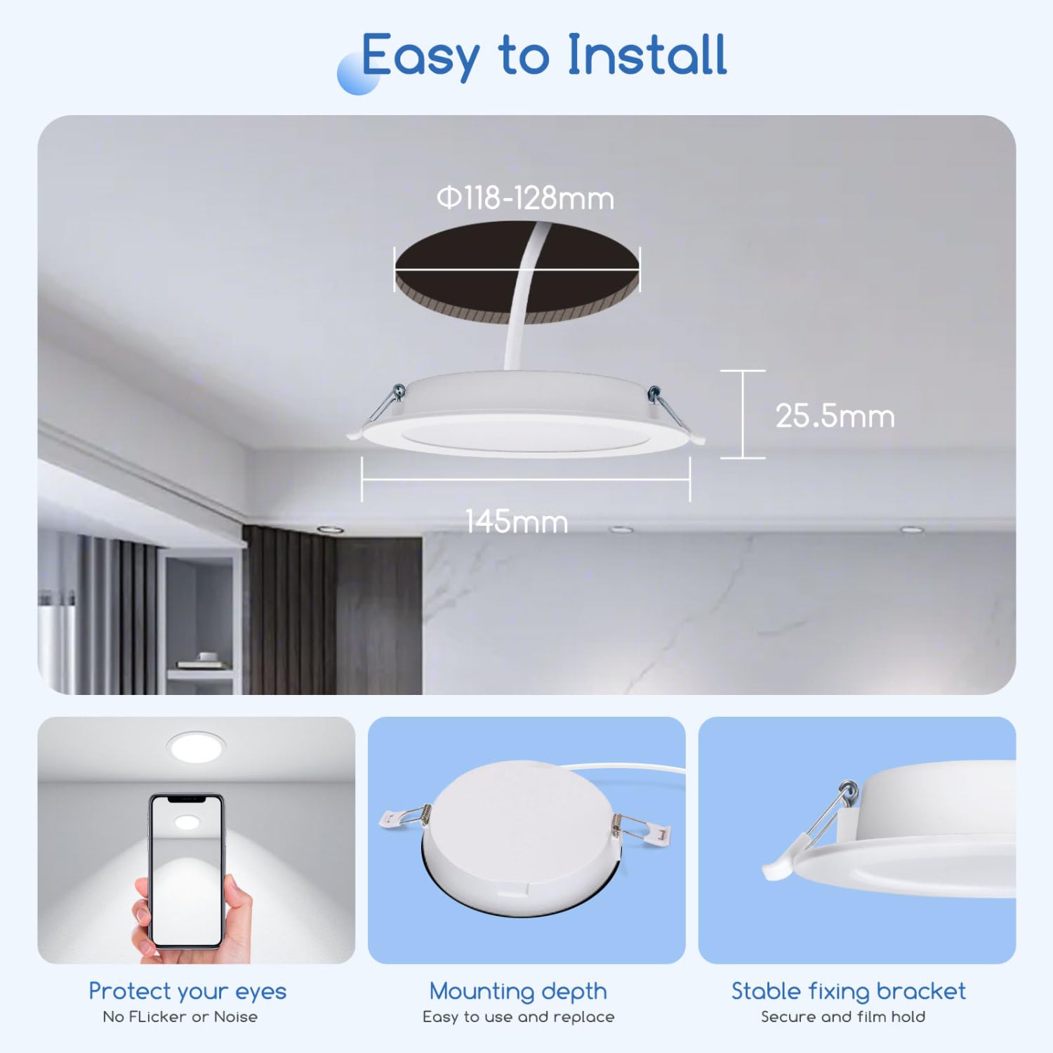 Aigostar Faretti da incasso per cartongesso, 9 W Equivalenti a 72 W, Alta luminosità, Integrati ultrasottile lampada da soffitto, Luce bianca fredda 6500K, 230V, Ф118-128mm (6 Confezione)