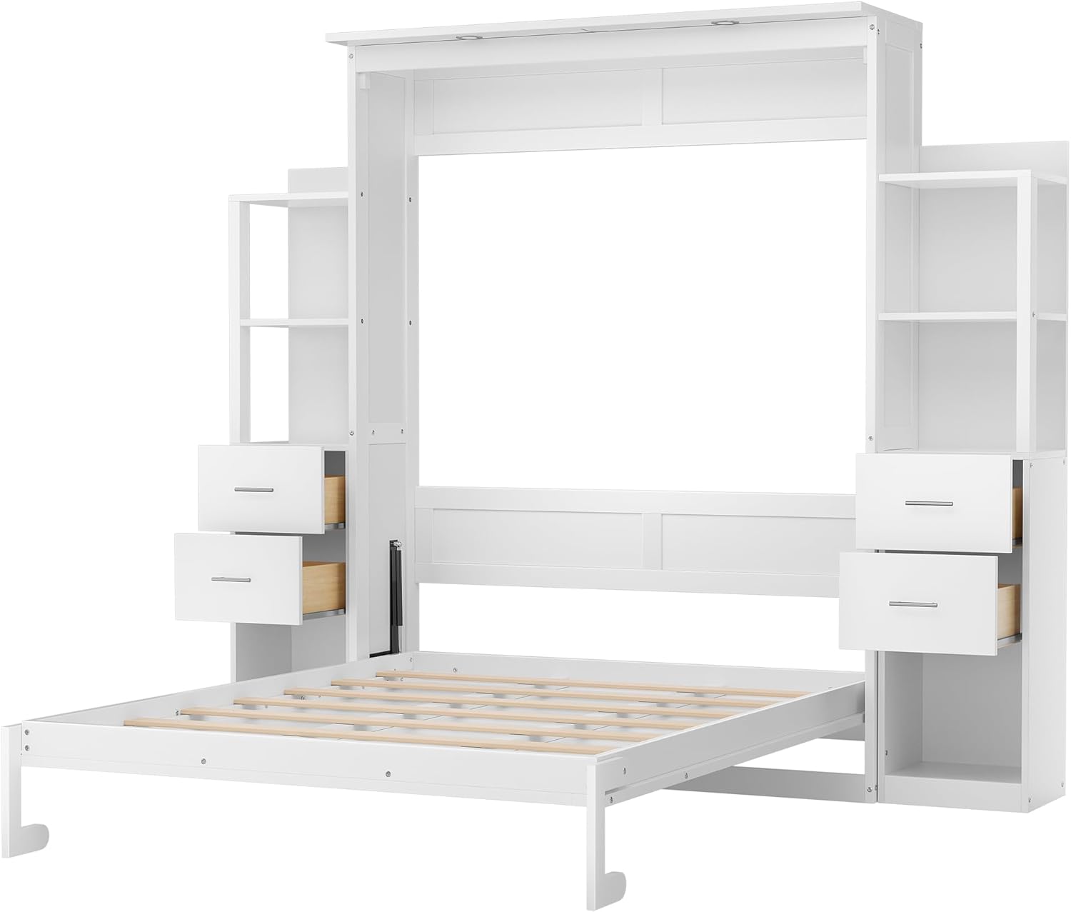 Queen Size Murphy Bed with 4 Drawers and Foldable & Led & Shelf,Foldable PlatformBed Vertical Wall Bedframe for Small Space/Bedroom/Guest Room,White