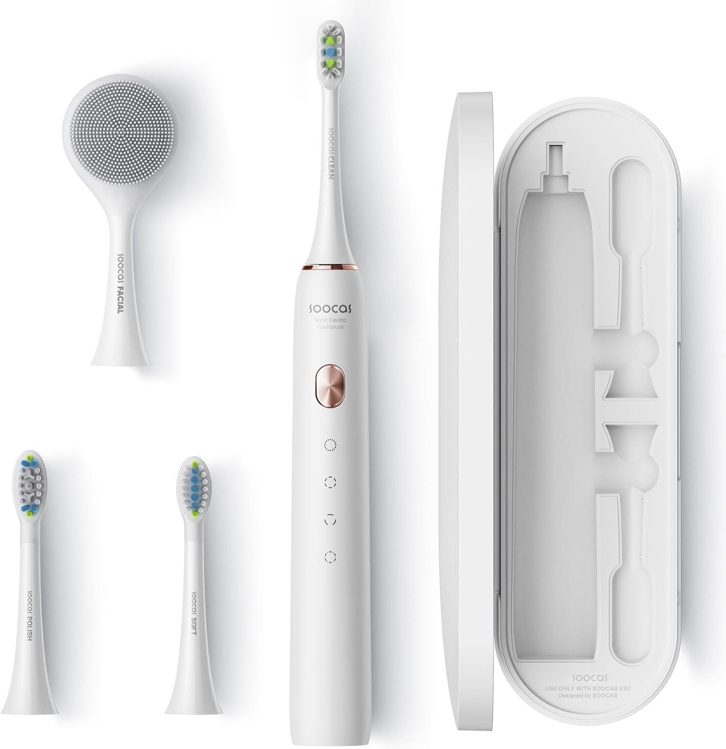 SOOCAS Electric Toothbrush for Adults, Rechargeable Electric Toothbrush with Travel Case, 3 Toothbrush Replacement Heads, 4 Modes 2 Mins Smart Timer, 4 Hours Charge Lasts 30 Days