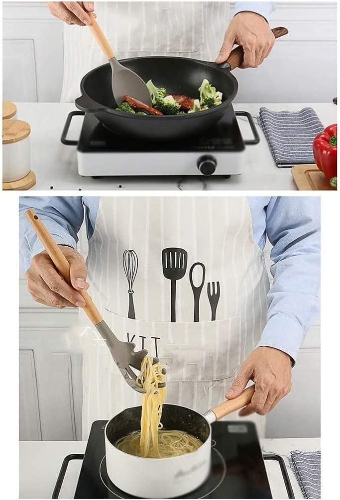 Set d'Ustensiles de Cusine professionnel Manche en bois Ustensiles de cuisine en silicone Ustensiles de cuisine antiadhésifs Ensemble d'ustensiles de cuisine en silicone résistant aux hautes températu