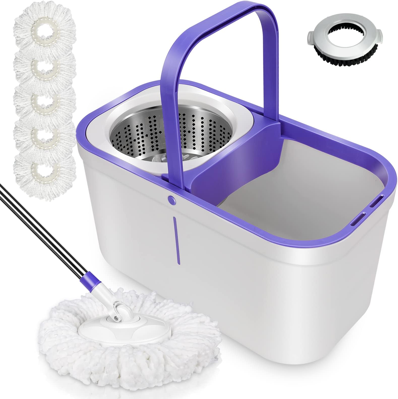 MASTERTOP Spin Mop and Bucket with Wringer Set,Wet and Dry Use for Floor Cleaning, Adjustable Handle, 5 Reusable Washable Microfiber Pads,1 Floor Brush Head