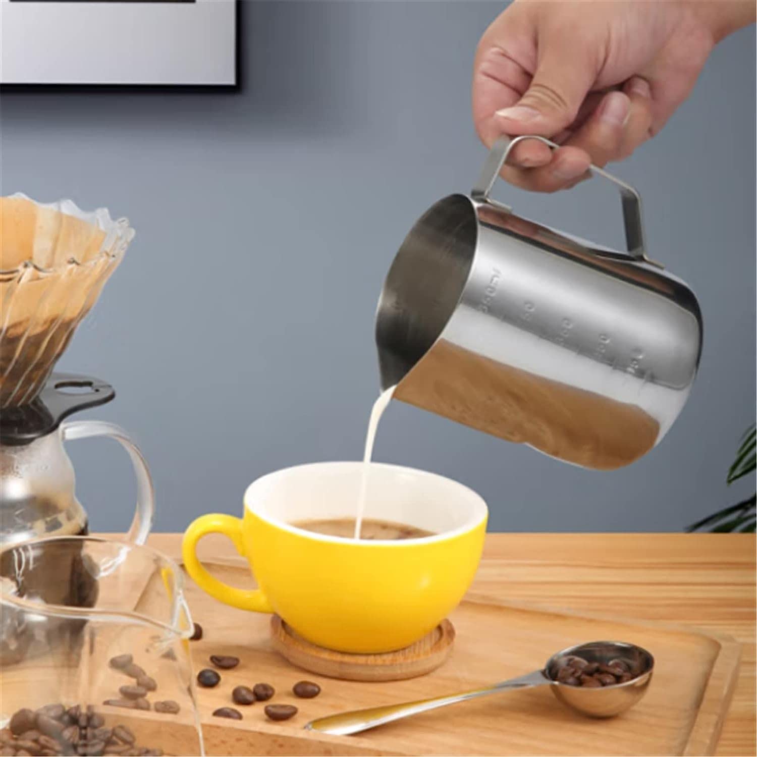 jarra de leche, Jarra for espumar leche for cafetera, taza de acero inoxidable, jarra, con forma flor, escala, for espuma