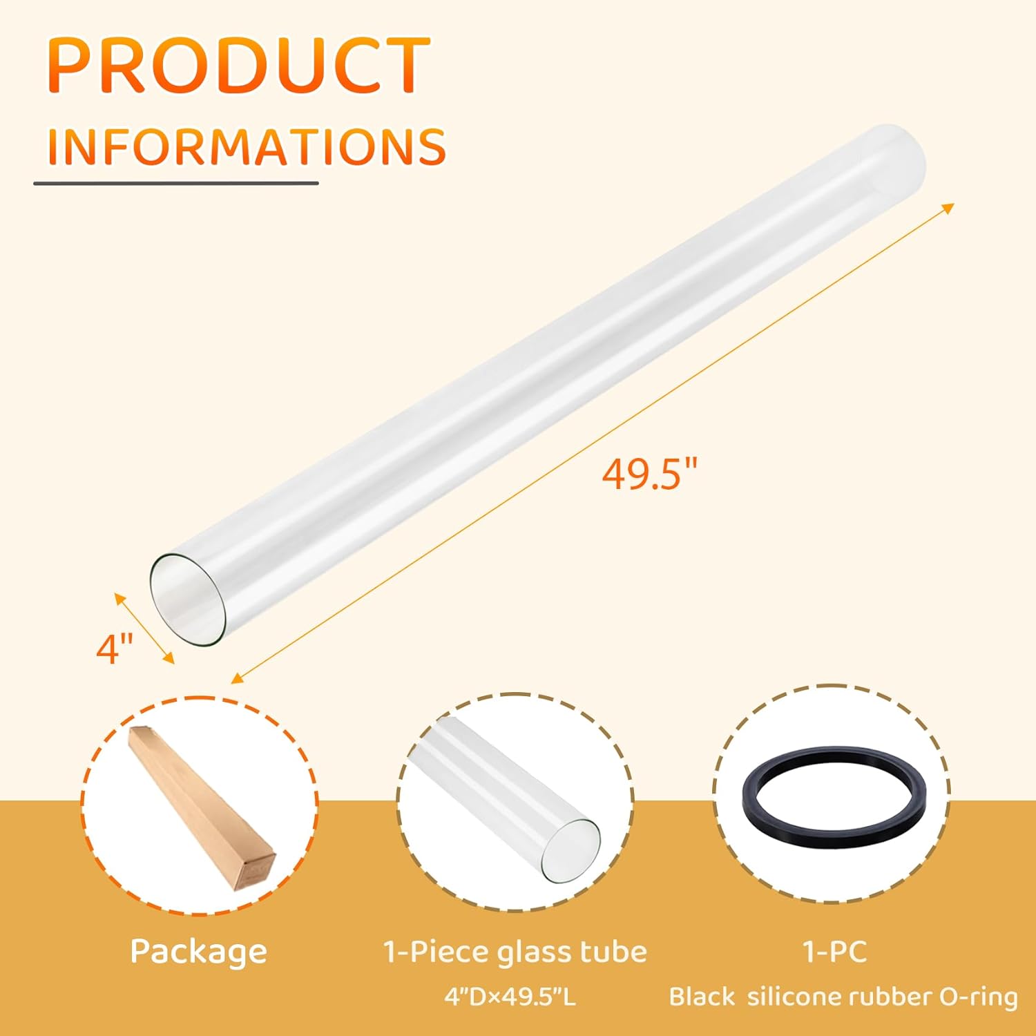 Patio Heater Glass Tube Replacement, 49.5 x 4" Patio Heater Replacement Parts with Ring, Outdoor Heater Replacement Parts for 4-Sided Pyramid Heater, Glass Tube Patio Heater for Hiland, fire sense