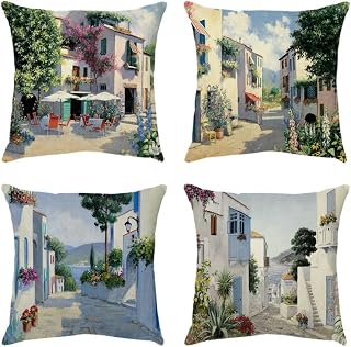 Cushion street scenery house  Throw Pillow Covers Cotton Linen Decorative Square Pillowcase for Sofa Couch Car Bedroom Outdoor Pillow Case 45x45cm Set of 4