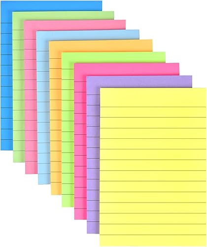 Paquete de 9 notas adhesivas forradas de 4 x 6 pulgadas, bloc de notas autoadhesivas de colores brillantes con líneas, 9 colores a granel para