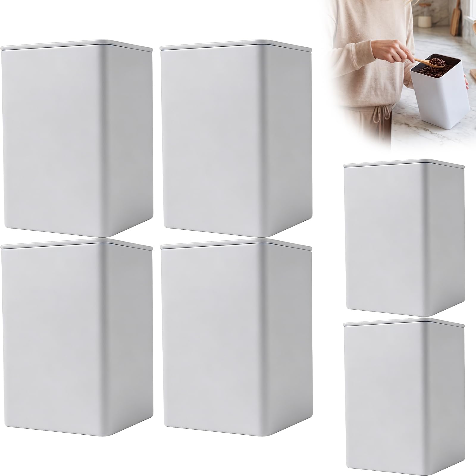 6 Pcs Tea Coffee Sugar Canisters Set white Tea Coffee Sugar Jars with Lids, Square Metal Storage Jars & Canisters Tins for Kitchen Teas Coffees Sugars Caddy Container Tins(3.35 x 3.35 x 5", White)