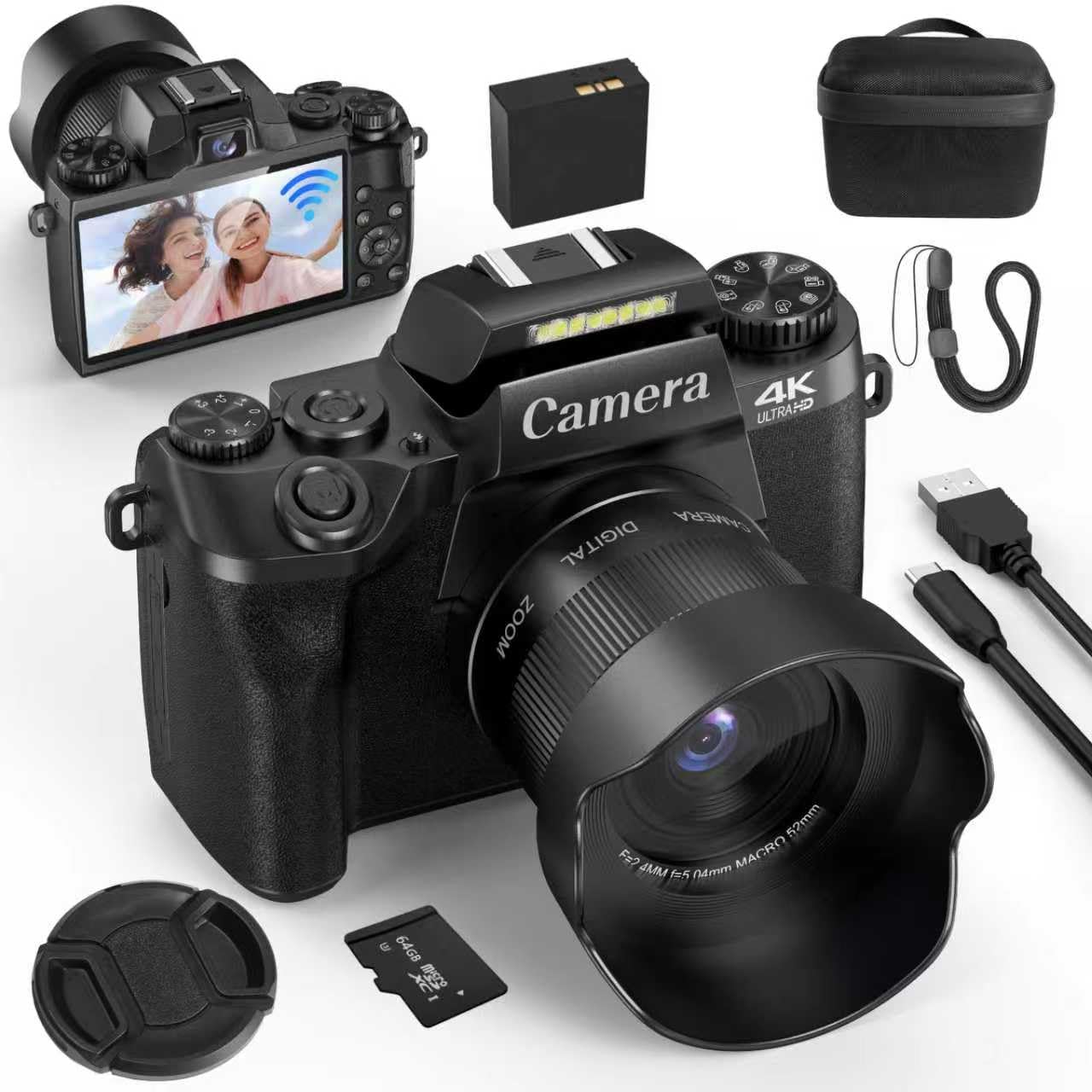 4K Digital Camera with WiFi & App Control,72MP Autofocus Vlogging Camera with Touch Screen,Dual Lenses,Beauty Mode,16X Zoom, 64GB SD Card,3000mAh Battery – Ideal for Beginners,Teens & Travel Vloggers