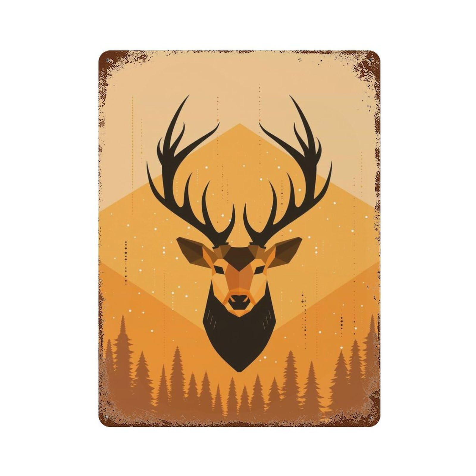 Rust Effect Geometric Deer Vector Portrait with Forest Design Aged Metal Wall Plaque 15.7"x11.8", Old School Wall Decor for Patio, Garden Room And Bar Decor