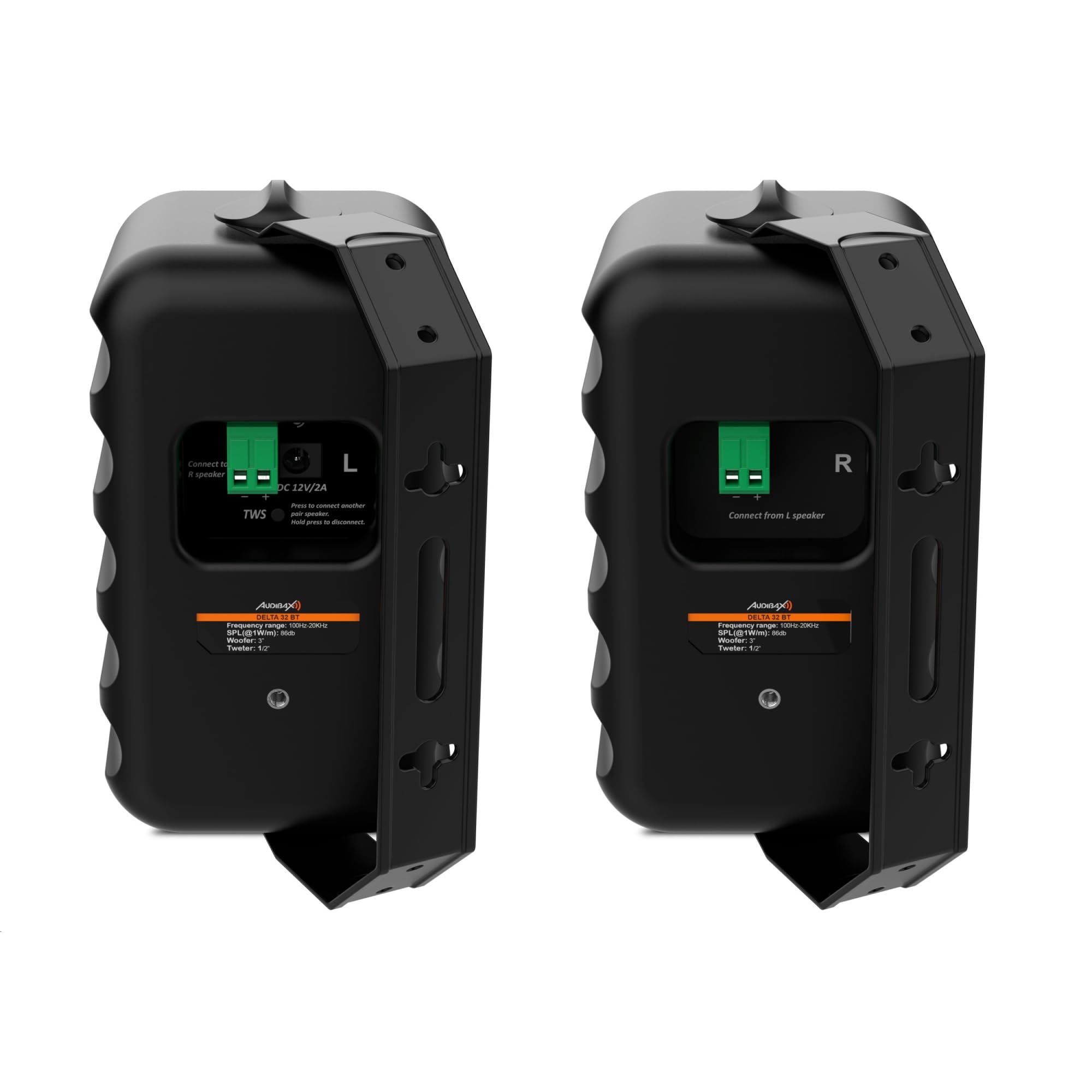 Audibax Delta 32 BT czarna para głośników Bluetooth - wysokowydajne głośniki naścienne - kompatybilne z Bluetooth - wysoki zakres częstotliwości (100 Hz-20 kHz) - dźwięk przestrzenny