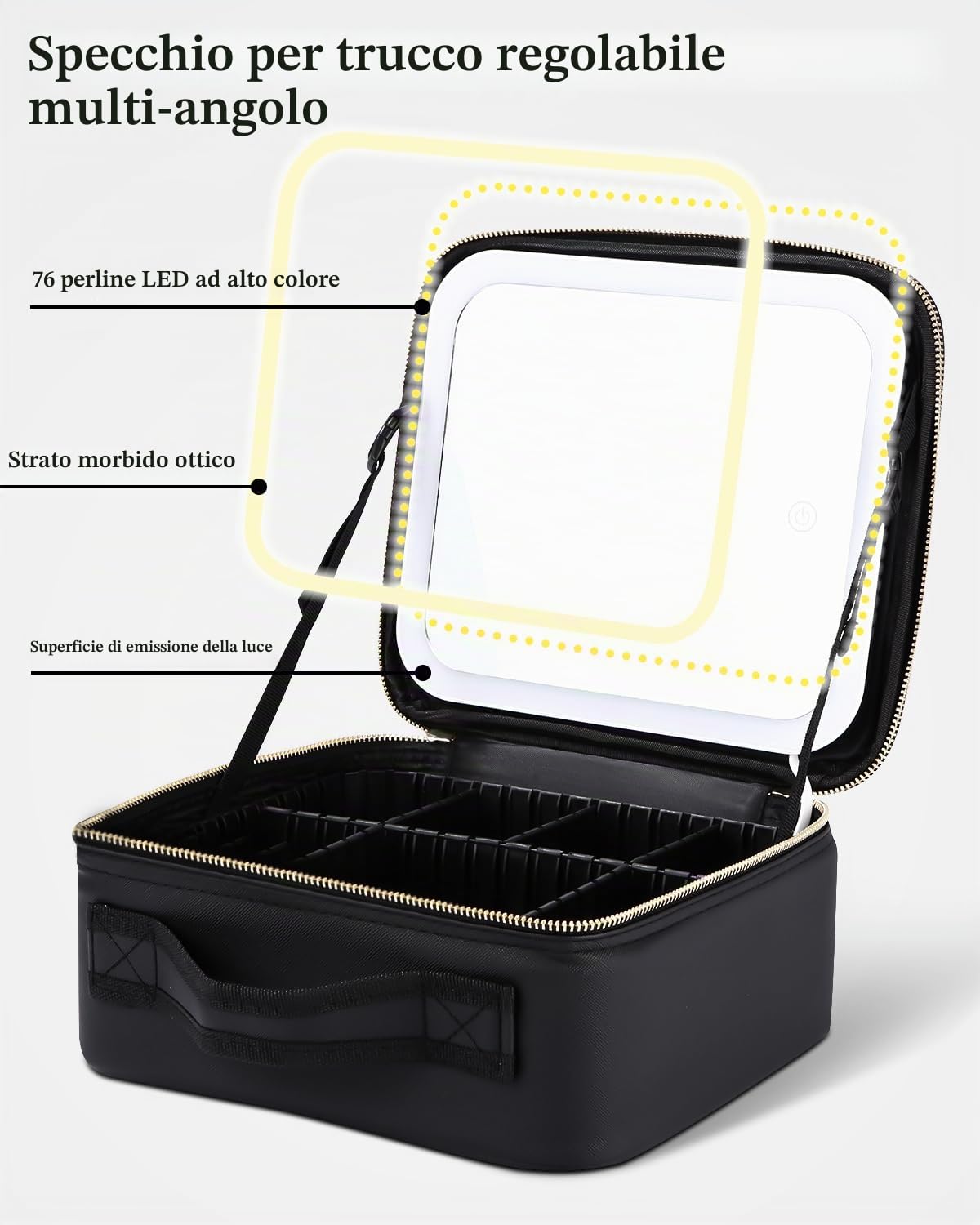 Borsa Cosmetici Con Specchio Led,Valigetta Trucco Portatile con Divisori Regolabili,Porta Trucchi Con Specchio Con 3 Modalità Illuminazione,Cosmetico Impermeabile Strumenti Trucco Accessori per Donna