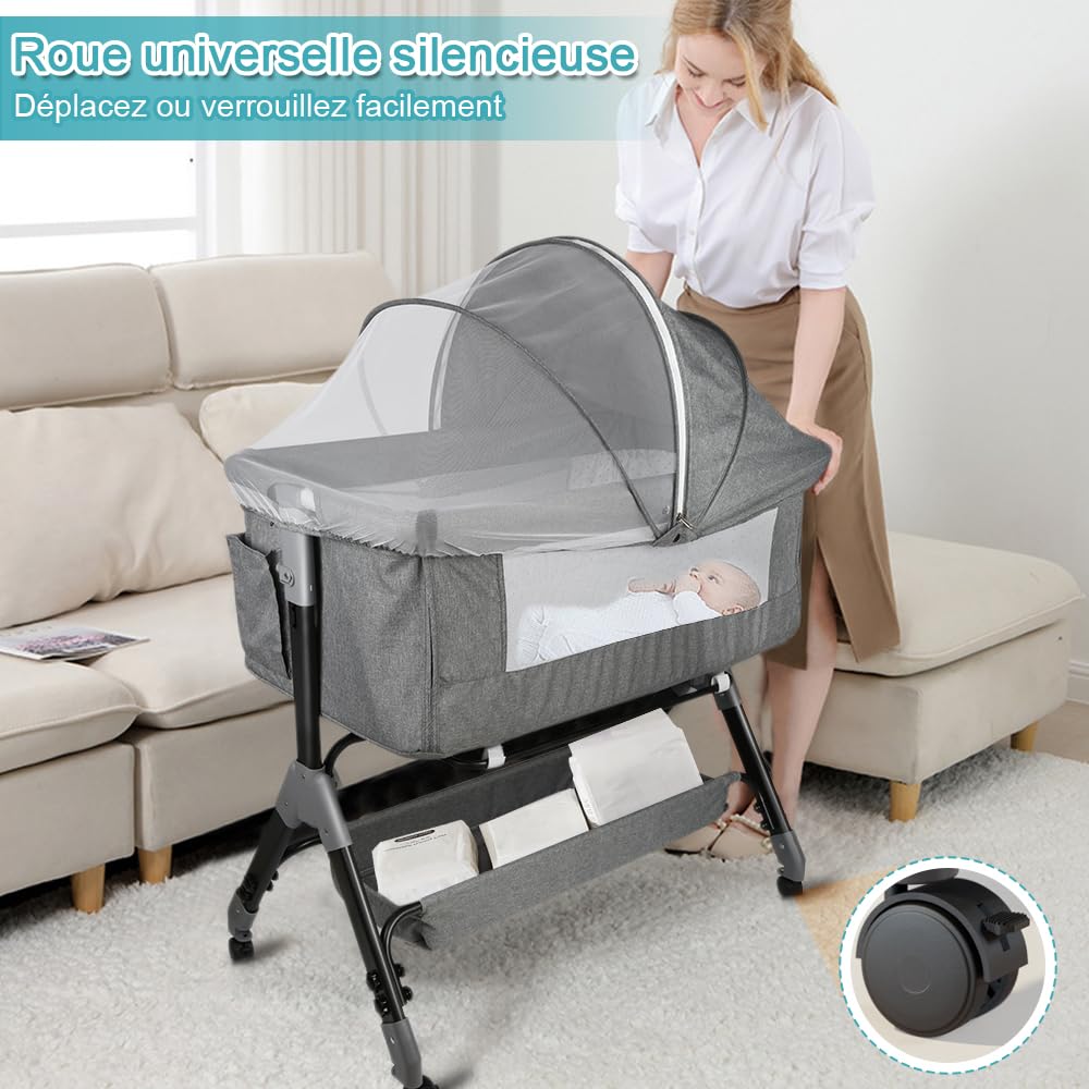 Berceau Cododo avec Matelas et Moustiquaire 2 in 1 Lit Bébé Cododo pour Les Bébés de 0 à 36 Mois Pliable 2 en 1 Berceau bébé Mobile Lit d'Appoint 104 * 52 * 103-115cm, Lin Gris