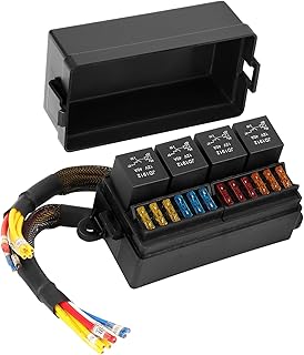 Fuse and Relay Box Safego 12V Pre-Wired Fuse Block with 4 Relays and 12 Way ATC/ATO Fuses Sealed with Relay Panel for Universal Vehicles Car Marine Boat