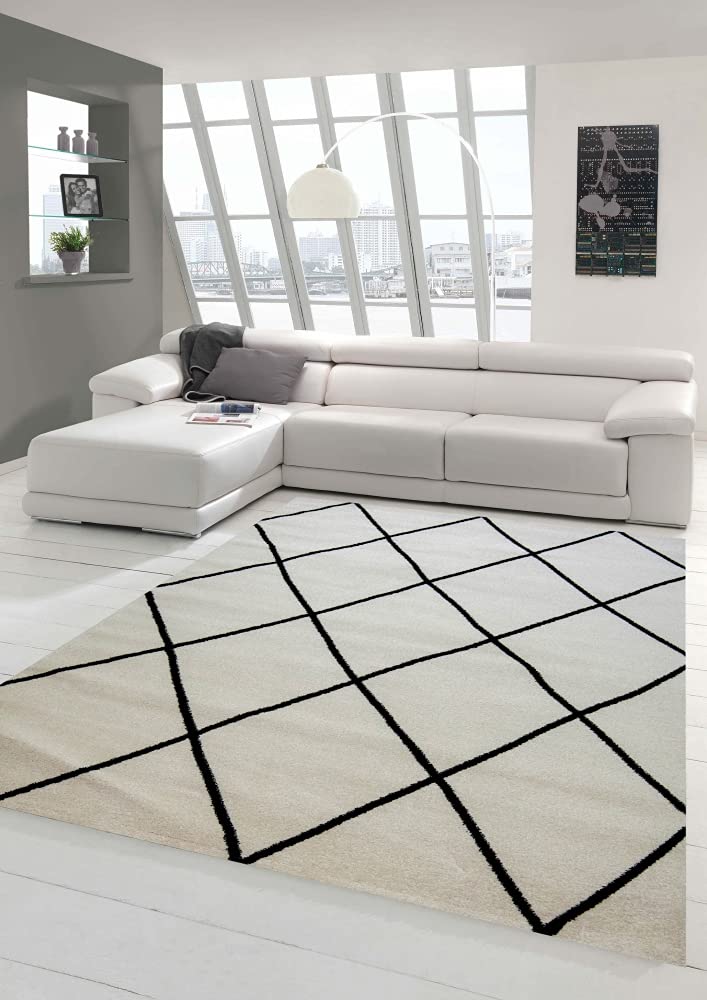 Teppich-Traum Skandinavischer Stil Wohnzimmerteppich Rautenmuster - pflegeleicht - Creme schwarz Größe 140x200 cm