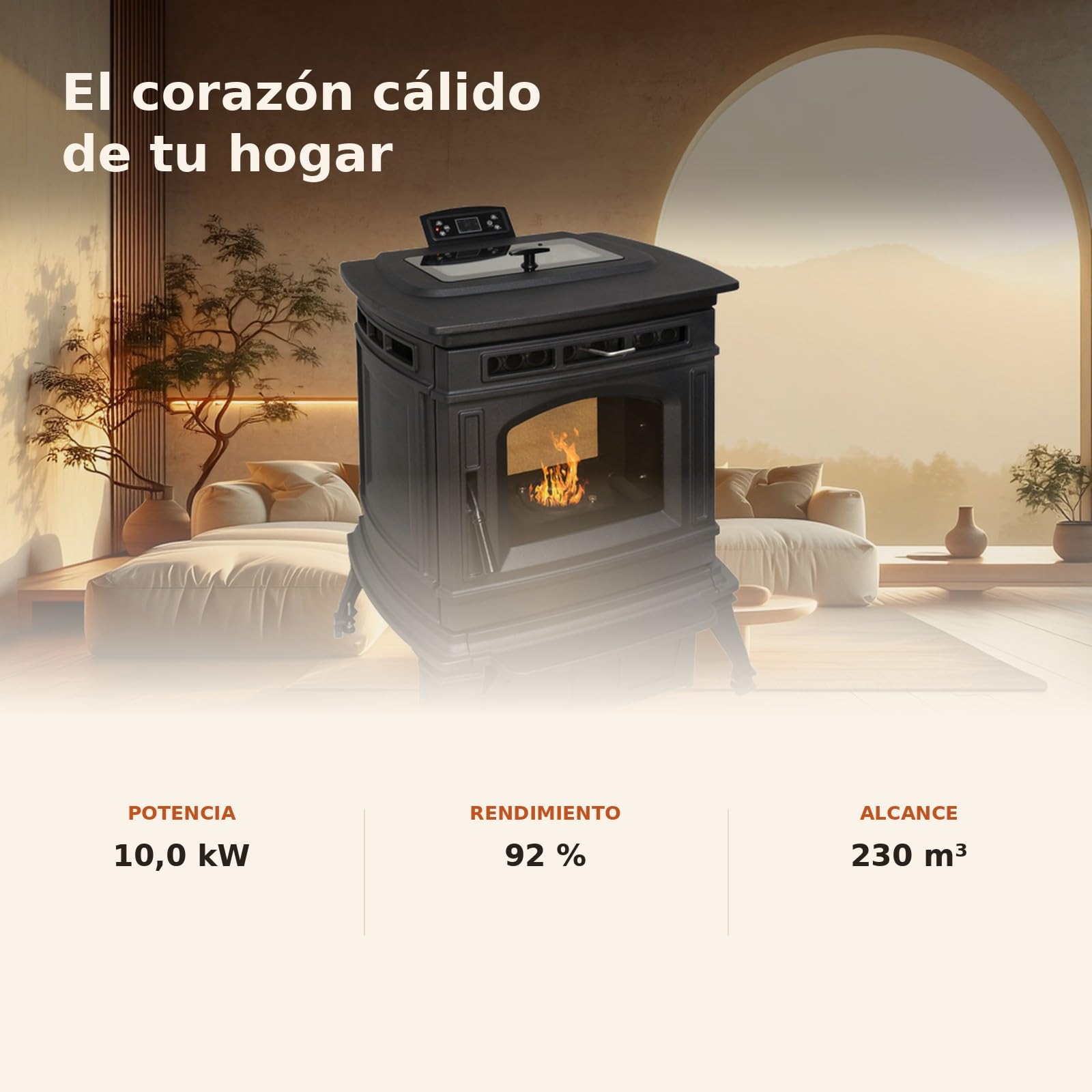 EIDER BIOMASA Estufa de Pellets MÁXIMA FUNDICIÓN – 10 kW – Cuerpo Hierro Fundido – Tolva 15 kg – Hasta 230 m³ – Programable – Encendido Rápido – Clase A+