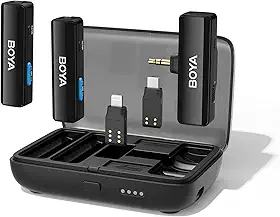 BOYA Microfone de lapela duplo sem fio de 2,4 GHz para câmera DLSR/iPhone/Android, microfone sem fio de lapela dupla para transmissão ao vivo de vídeo Vlog Podcast (TX+TX+RX)