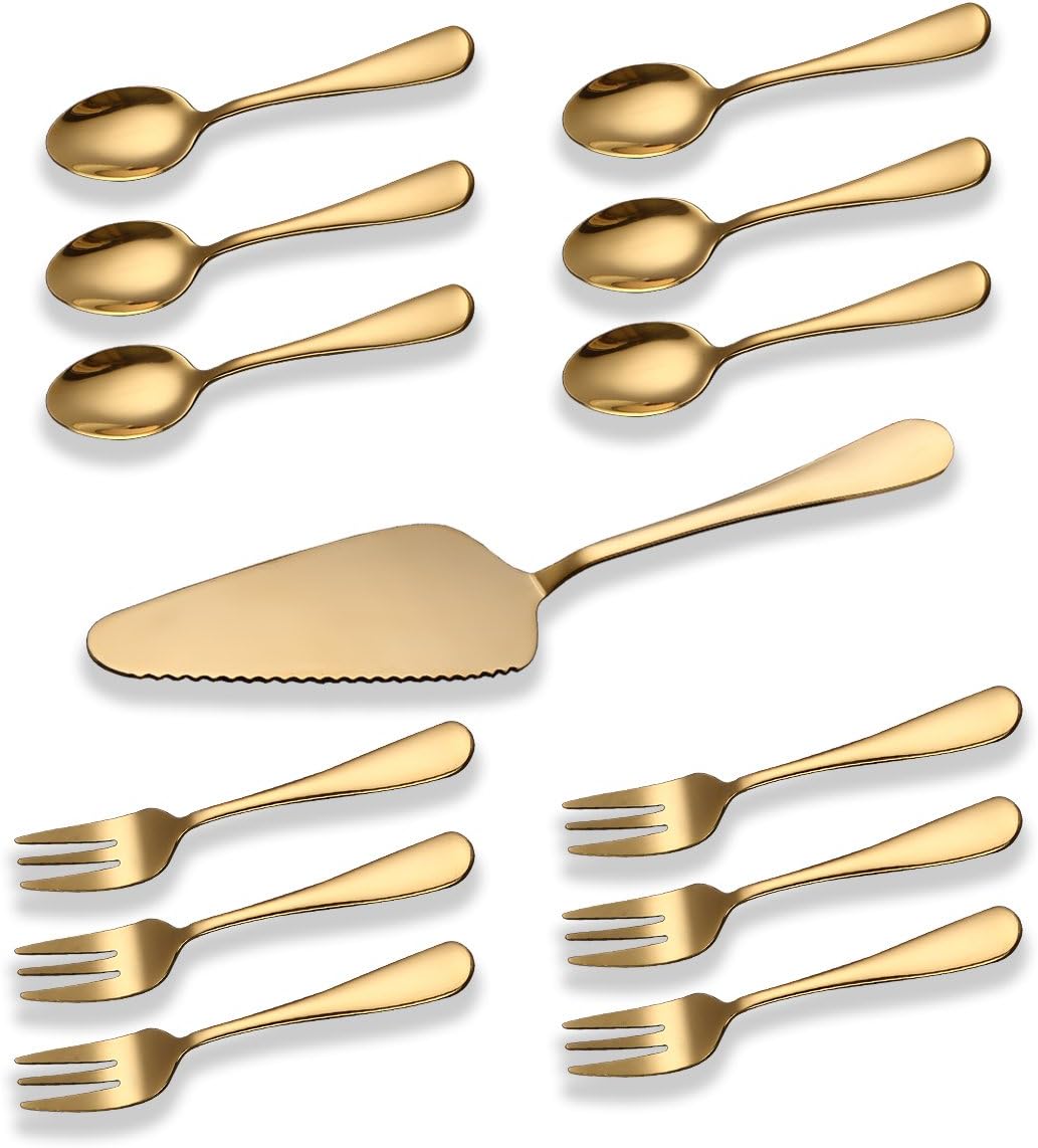 🛒 Flash Sale Gold Cake Serving Set, Berglander Stainless Steel Titanium Gold Plating Cake Server, Cake Fork, Dessert Spoon For Birthday, Wedding, Gift for Birthday, Gift Wedding and Parties Pack of 13pcs