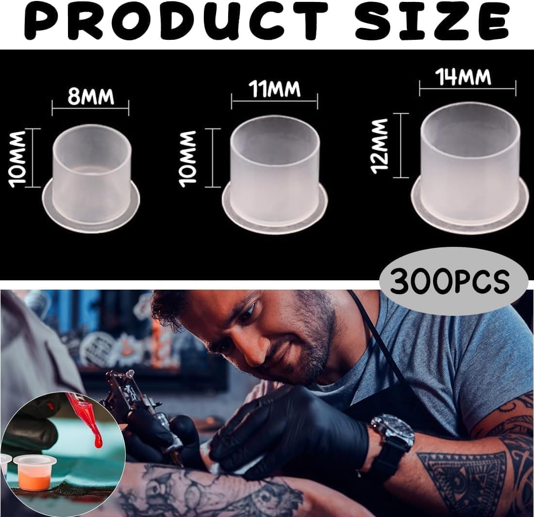 Tattoo Ink Caps, 300 Pack Disposable Clear Pigment Cups with Wide Flange Base – Assorted Sizes S/M/L, Thick Plastic No-Spill Holders for Tattooing, Microblading & Permanent Makeup