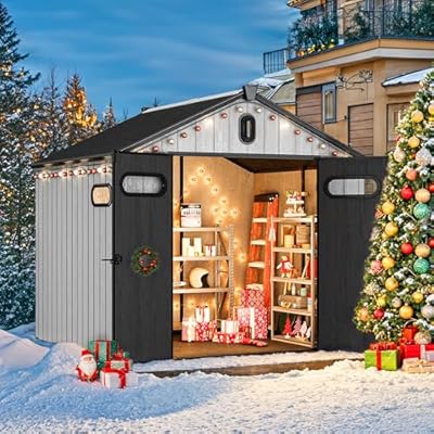 YITAHOME 8x8ft Resin Storage Structure, Outdoor 427 cuft Plastic Garden Storage Unit with Windows, Vents and Lockable Entrance, Waterproof Tool Organizer with Flooring for Lawn Equipment