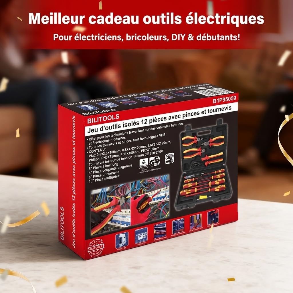 BILITOOLS Tournevis Électricien VDE 1000V 12 Pièces avec Pinces | Kit Outils Électricien Professionnel Isolé avec Poignées Antidérapantes, Pointes Magnétiques, Tournevis et Pinces
