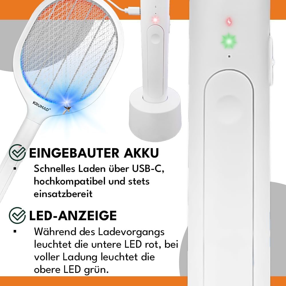 KRUMAD Elektryczna łapka na muchy USB-C z diodami LED UV, 3-warstwową siatką ochronną i akumulatorem, elektryczna łapka na muchy, muchy, osy, elektryczna łapka na muchy ze stacją bazową