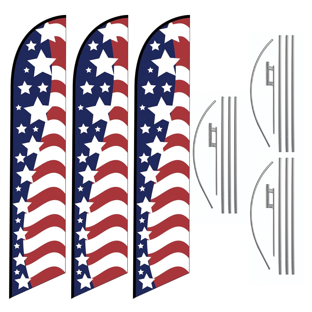 Pack of 3 - American Glory Advertising Feather Banner Swooper Flag Sign with 15ft Flag Pole Kit and Ground Stake – Stars Left Side – Pack Includes 3