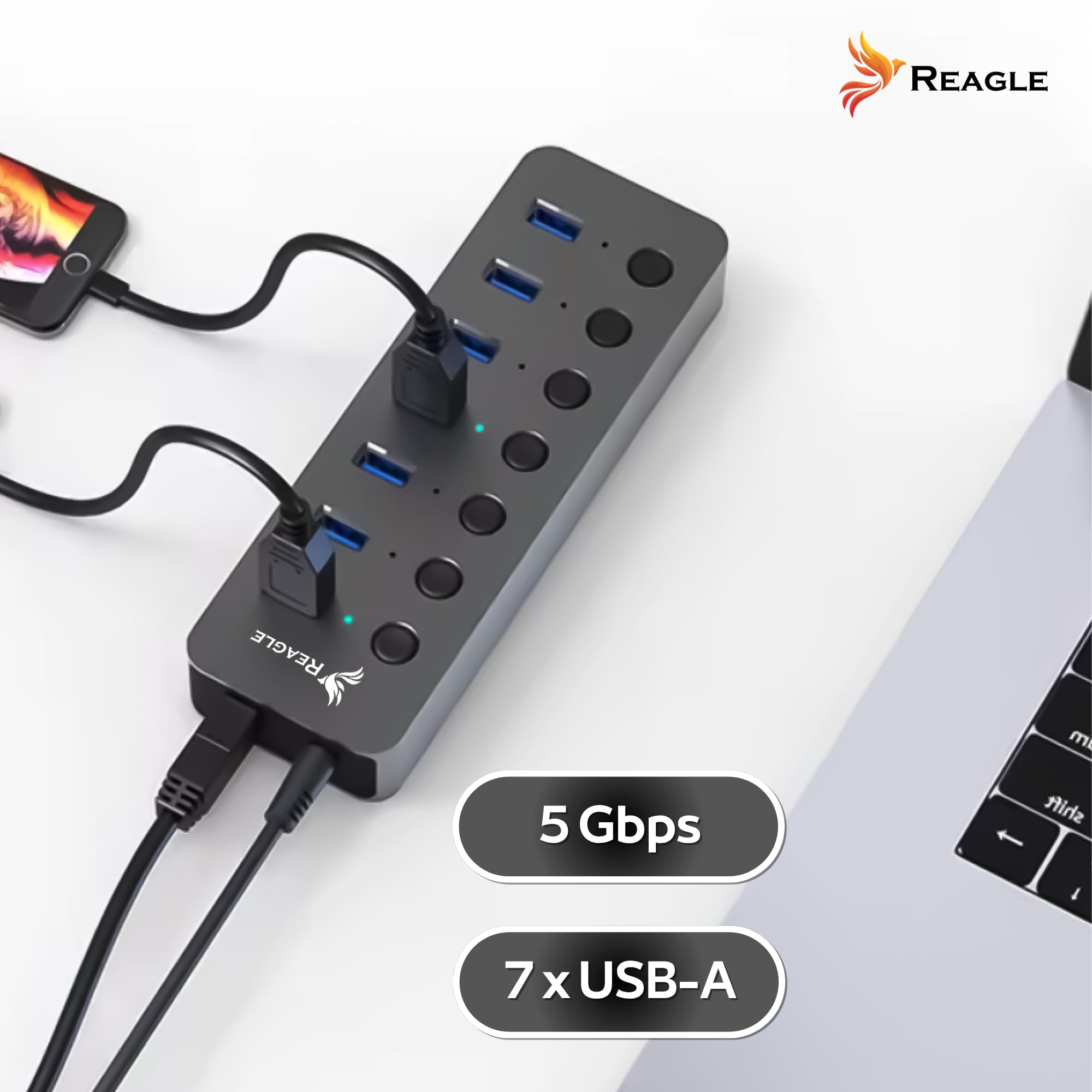 Reagle Hub USB 3.2 Gen 1-7 Ports USB-A avec Bloc d'alimentation de 24 W, Interrupteur Unique, SuperSpeed 5 Gbps, Plug & Play, boîtier en Aluminium - Idéal pour Ordinateur Portable et PC