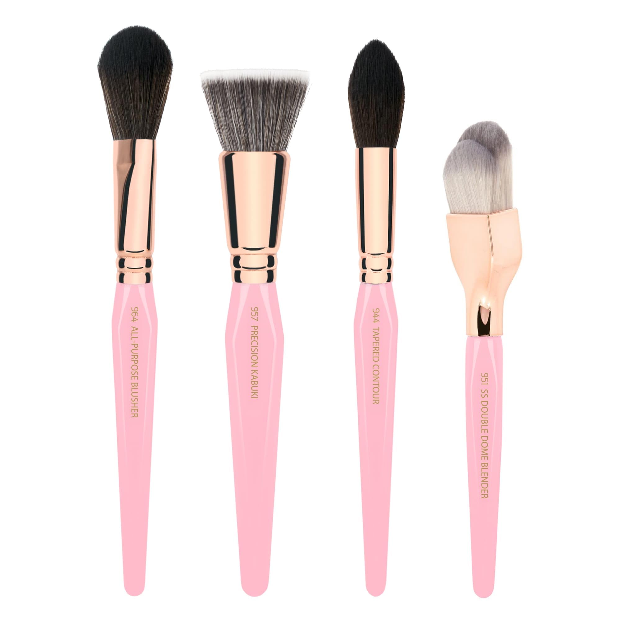 Pink Golden Triangle Face Makeup Brush Set - with Soft Synthetic Bristles and Rose Gold Brass Ferrule for a Flawless Appearance (Pink, 4 pcs)