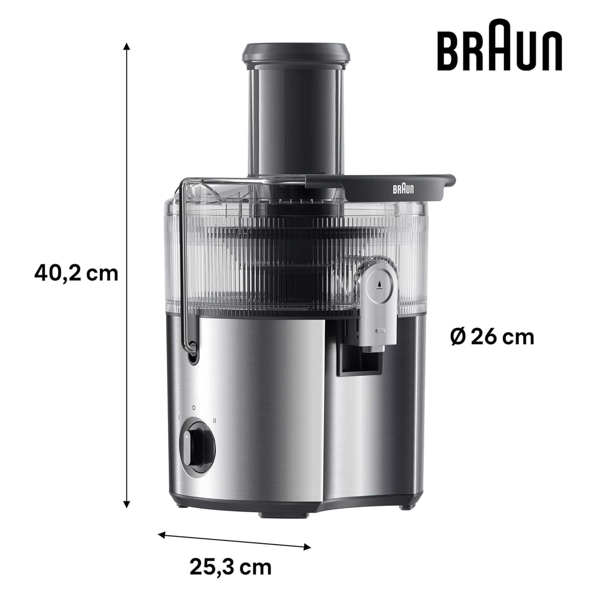 Braun MultiJuice 7 exprimidor frío con tecnología ColdXtract, jugo fresco en 15 segundos, manguera de alimentación de 75 mm, contenedor de pulpa de 2 l, sistema de goteo One Touch