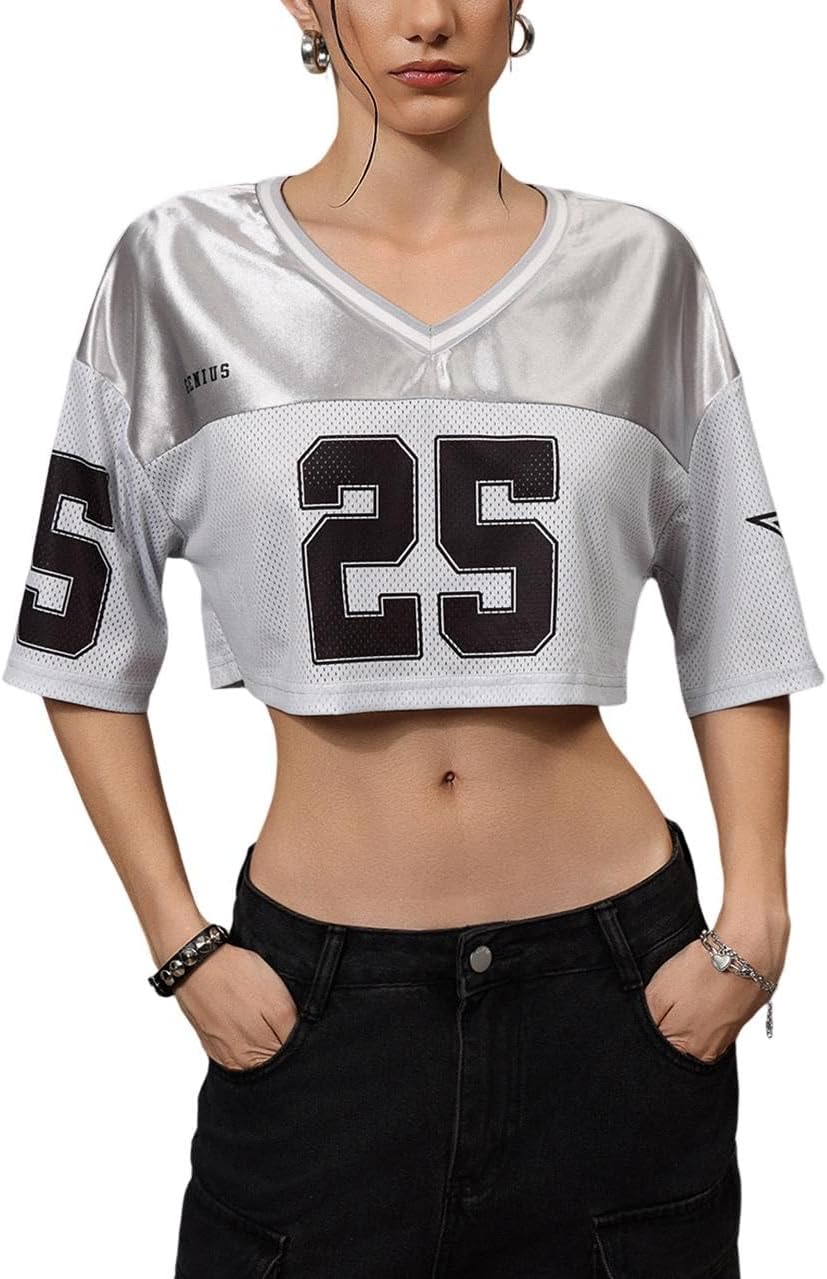SOLY HUX Jersey Shirts for Women Y2k Crop Tops Streetwear Sportswear Short Sleeve T-Shirt Cute Football Jersey Top