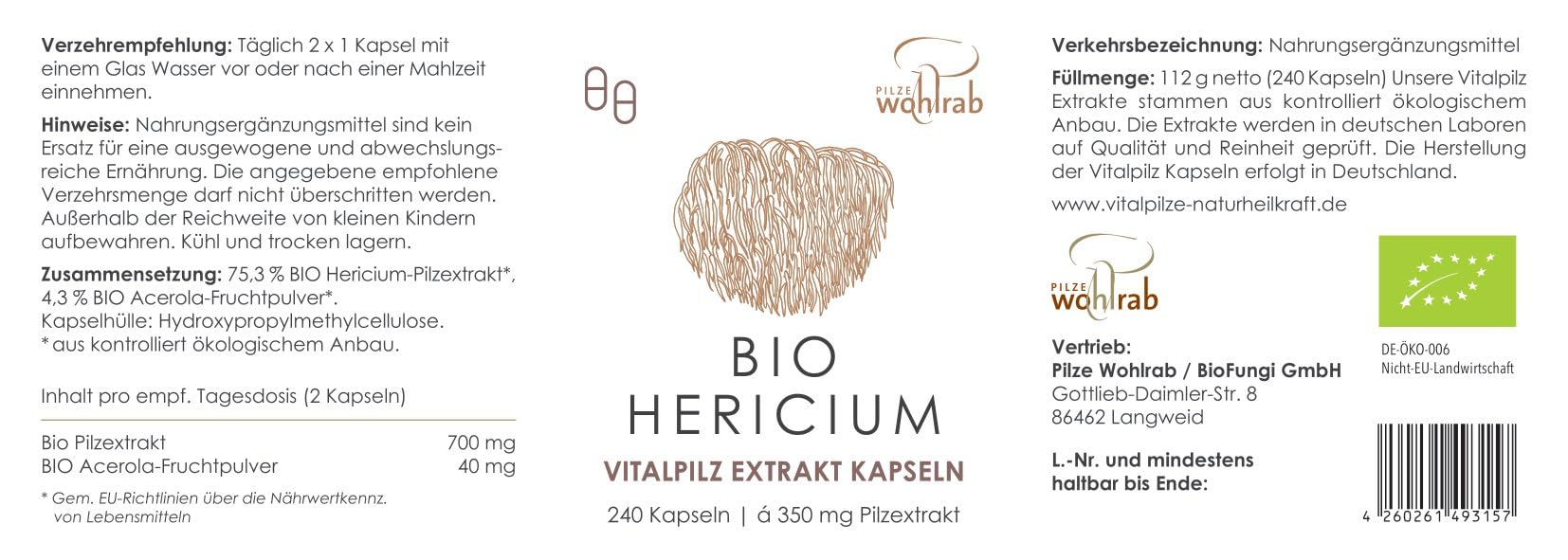 BIO Hericium erinaceus Extrakt - 1 Dose à 240 Kapseln - 350 mg Lions Mane Extrakt je Kapsel - Vitamin C Acerola | Vitalpilze Nahrungsergänzungsmittel