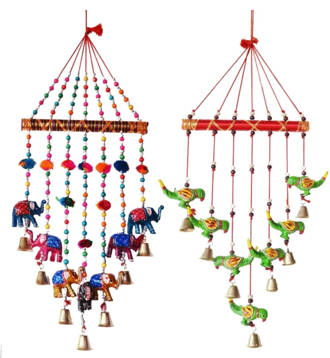 Rajasthani Handcrafted Wind Chime with Elephant and Parrot Figurines, Colorful Beads and Bells, Set of 2-image-19