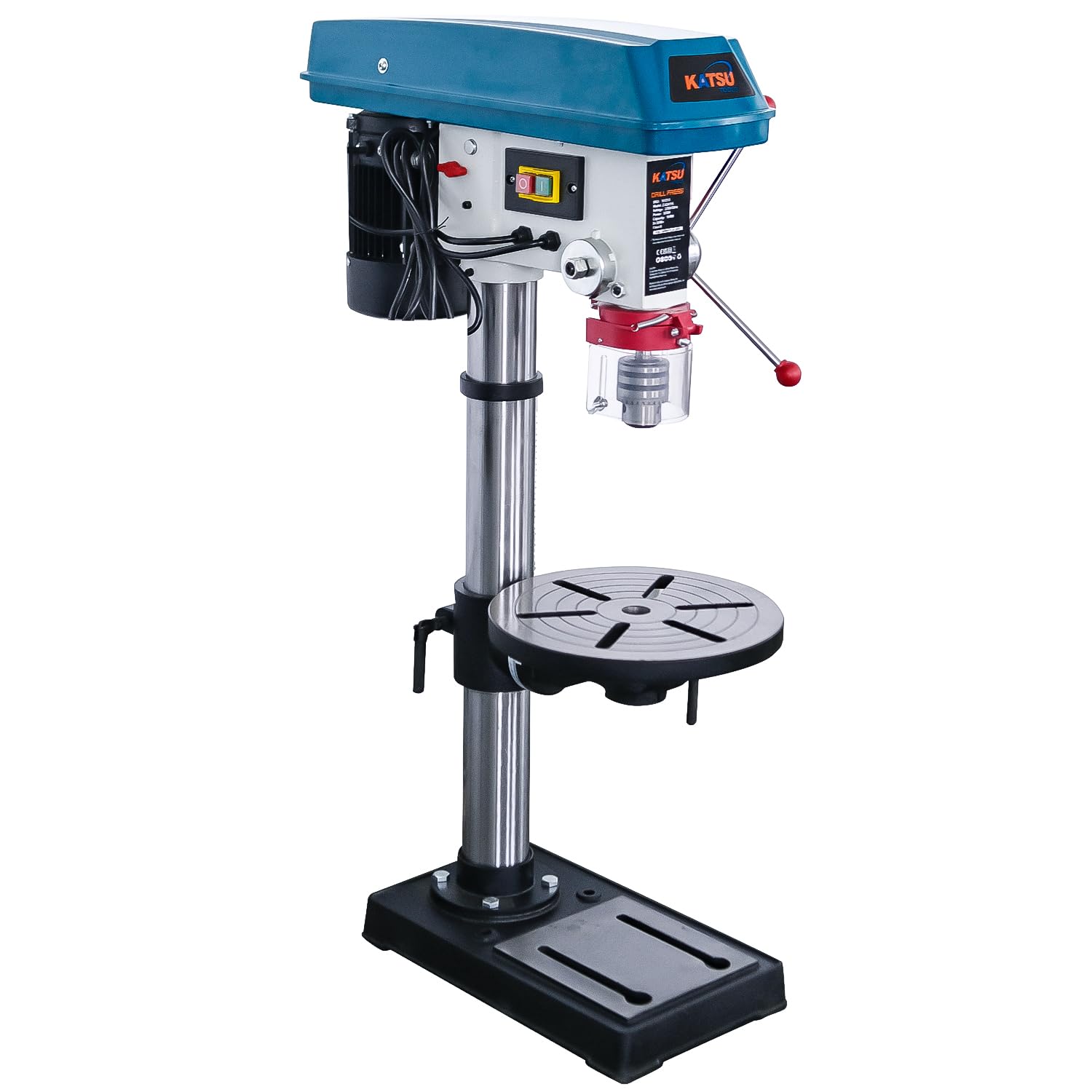 KATSU Tools Prensa de taladro de pilar de banco resistente de 550 W + portabrocas de 16 mm + interruptor electrónico de velocidad variable de 16 velocidades + profundidad máxima de perforación de 80