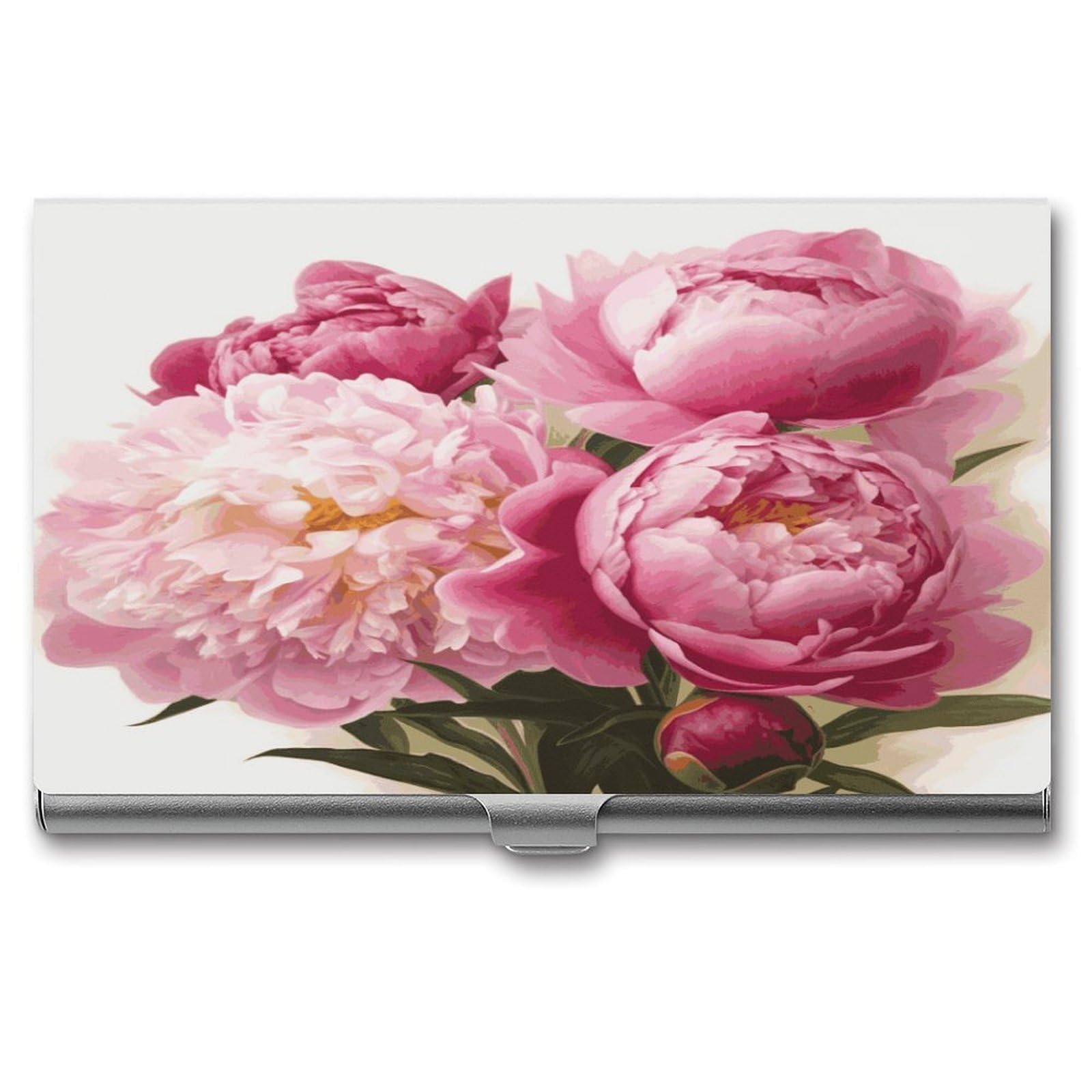 JTREHY Peony Flowers Blossom Business Card Holder Slim Purse Name Card Holder Portable Metal Business Card Case Wallet Large Capacity Lightweight Business Card Case for Men Women