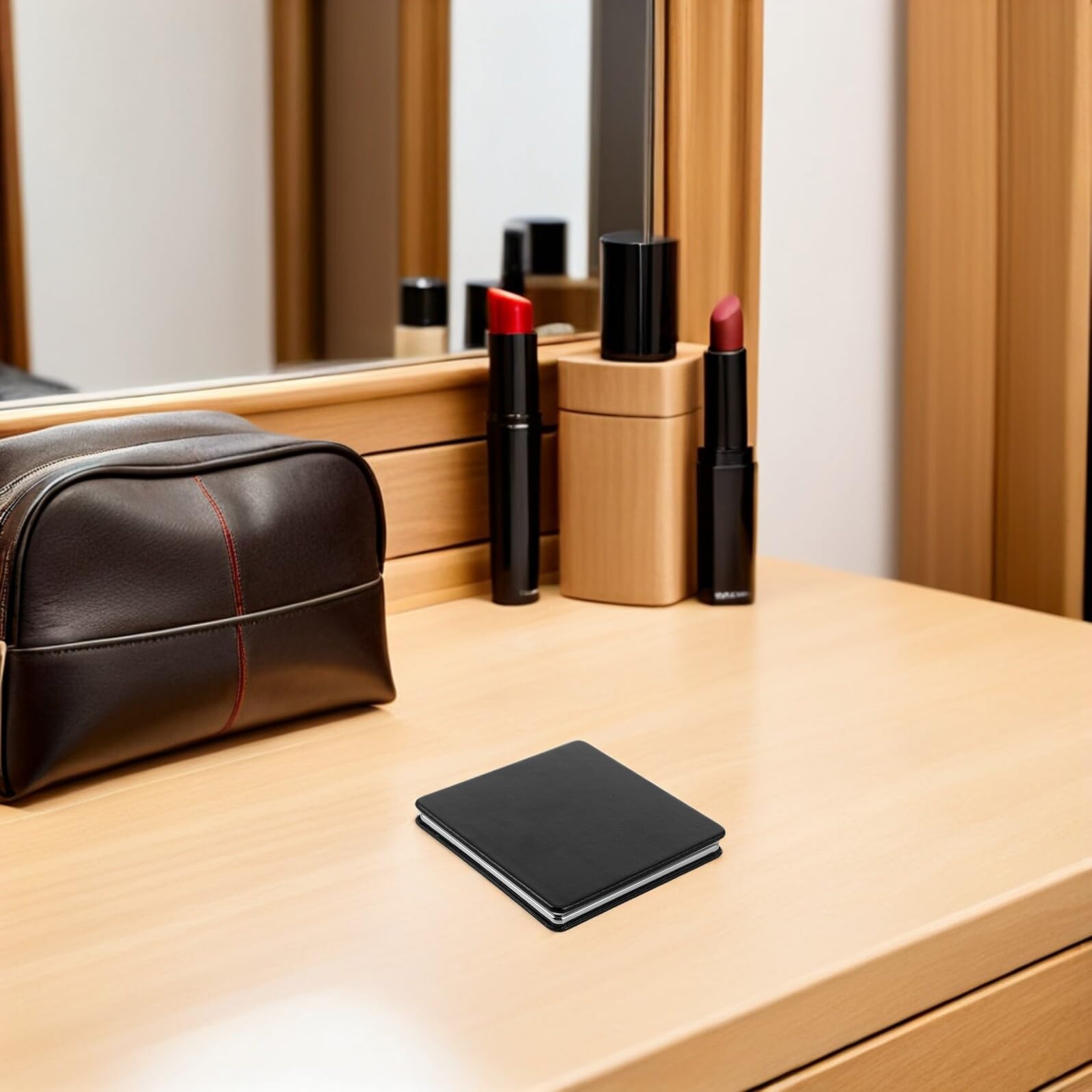 Espejo de Viaje Plegable Cuadrado 8 CM Negro Funda de Cuero, Espejo Compacto de Mano Doble Cara Aumento para Bolso, Maquillaje y Afeitado, Set de 3 Unidades