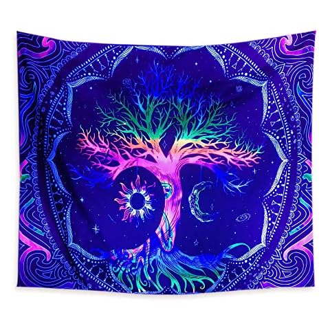 LÖRW-LÀNY Tree of Life Wall Hanging Fluorescence UV Trippy Tapestry The Tree of Life Black Light Psychedelic Tapestries Theme Home Decor Cover