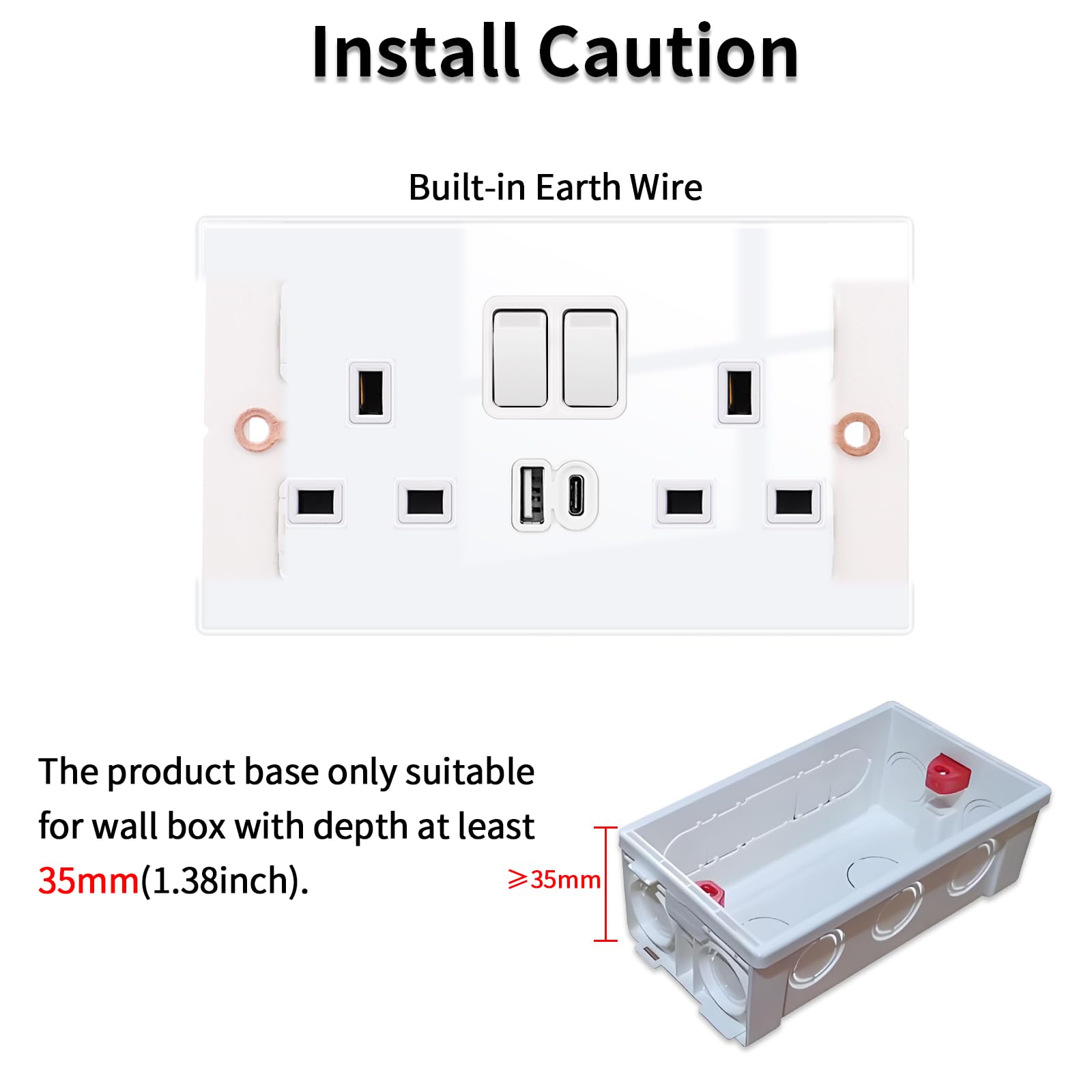 JIMEIDA 2 Pack Double Switched Socket White 20W Fast Charging 13 Amp with USB A and USB C Charging Ports Crystal Glass Panel Wall Outlet - Image 4