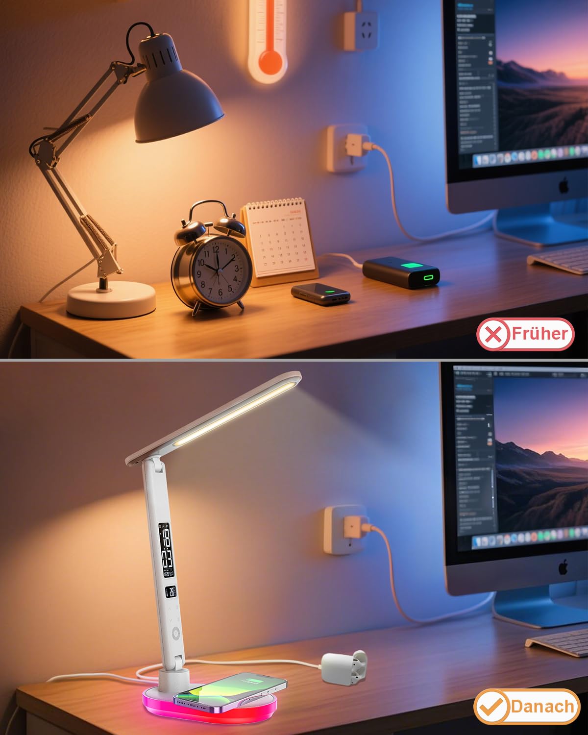 CCHKFEI Lámpara de Escritorio LED con Cargador Inalámbrico & Puerto USB, 3 Modos de Color con Lámpara Táctil de Escritorio, con Temperatura, Fecha, Reloj RGB para Cafetería, Escuela, Trabajo, Estudio