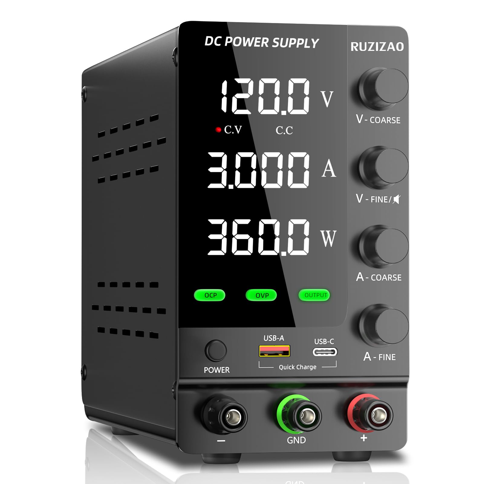 Labornetzteil 120V 3A, Einstellbares Labornetzgerät mit OCP/OVP, Ausgangsschalter und Encoderregelung, DC-Schaltnetzteil 18W USB-A/Typ-C Schnellladeschnittstelle/Prüfung/Wartung/Galvanik