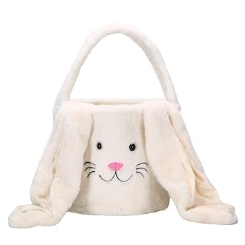 Plush Easter Bunny Basket,Soft Bunny Easter Bucket for Egg Hunt and Candy,Easter Decorations Party Favors Gifts Storage Plush-White