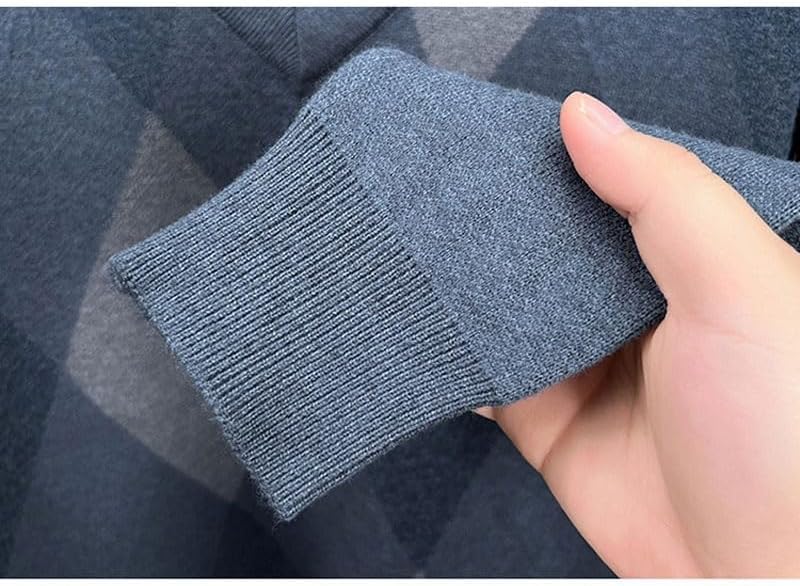 Men's Knitted Sweater Plaid Jacquard Pattern Long Sleeved Pullover Casual V-Neck Sweater